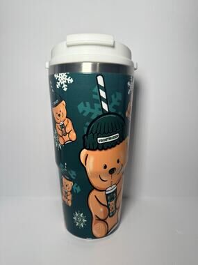 Frost Buddy BEAR WITH ME To Go Buddy Cup Insulator Tumbler GREEN BEANIE BEAR NEW